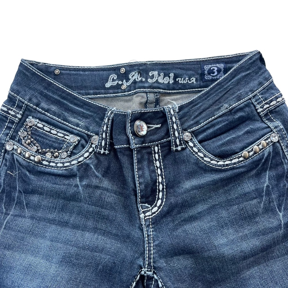 L.A. Idol USA Women’s 3 28W X 34L Dark Wash Studded Sparkle Detail Bootcut Jeans - Picture 4 of 13